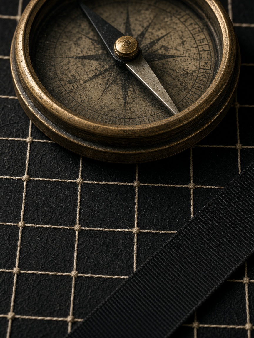 A brass compass on a black field stitched with a cartographic grid.